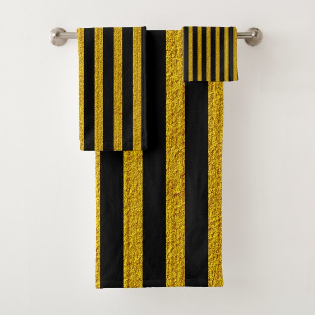 Conjunto De Toalhas Listras Douradas Texturizadas em Preto (Insitu)
