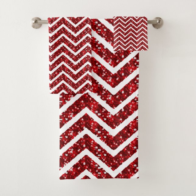 Conjunto De Toalhas Listras em Chevron de Brilho Falso Vermelho (Insitu)
