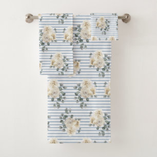 Conjunto De Toalhas Listras Florais Azuis e Brancas Vintage Shabby Chi