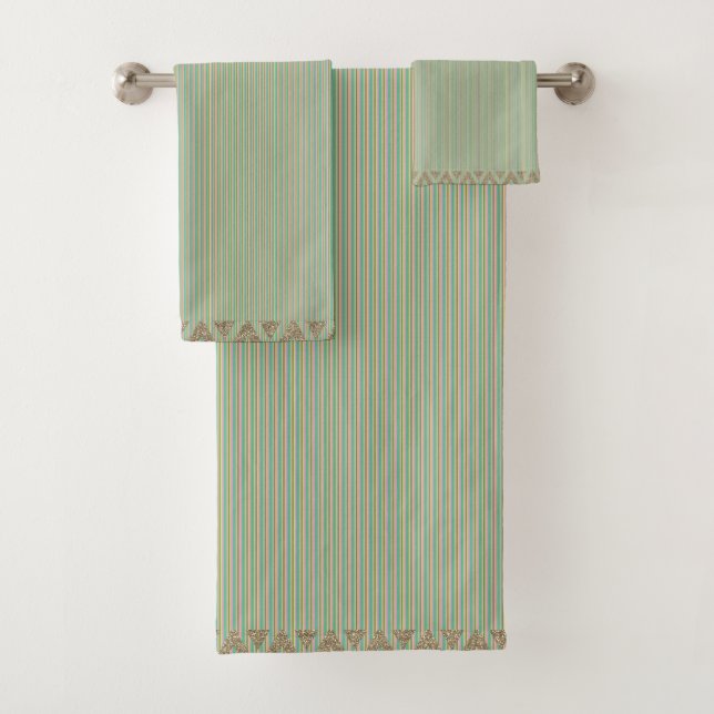 Conjunto De Toalhas Listras Modernas Verde Turquesa Pêssego Dourado (Insitu)