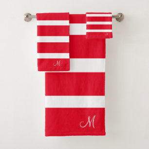 Conjunto De Toalhas Listras Modernas Vermelhas e Brancas Monogramadas