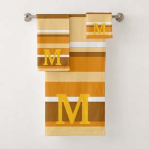 Conjunto De Toalhas listras monograma bege marrom e branco