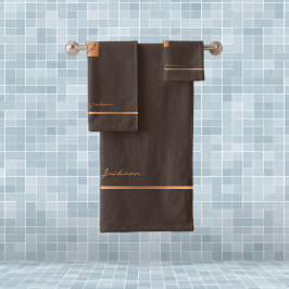 Conjunto De Toalhas Listras monogramadas marrons douradas elegantes mo