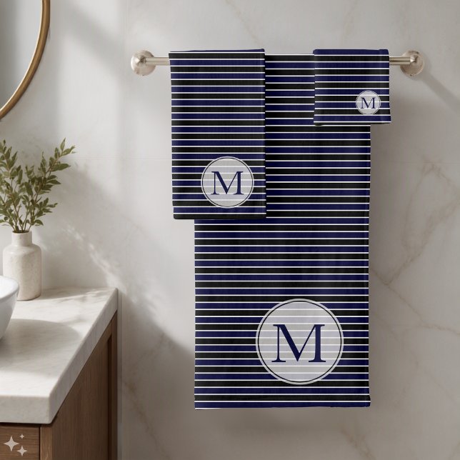 Conjunto De Toalhas Listras Pretas Azuis Escuras Modernas Monogramadas (Criador carregado)
