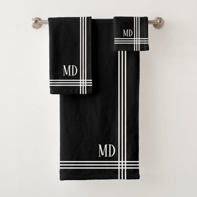 Conjunto De Toalhas Listras Pretas e Brancas Inicial Personalizada Sim (Insitu)