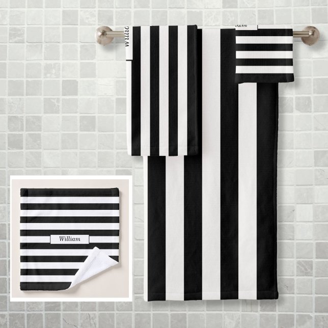 Conjunto De Toalhas Listras Pretas e Brancas Personalizadas Modernas (Modern Personalized Black and White Striped Bath Towel Set)