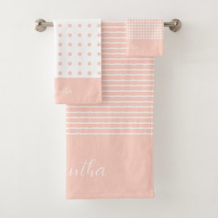 Conjunto De Toalhas Listras Rosa Moderno Com Bolinhas Xadrez
