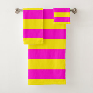 Conjunto De Toalhas Listras Rosa Quente e Amarelo Canário