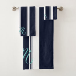 Conjunto De Toalhas Listras Verticais Azul-Marinho em Cursiva Fofa Per