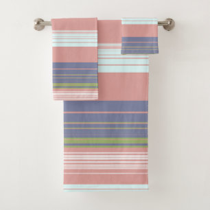 Conjunto De Toalhas Listras verticais cor-de-rosa, azuis e oliveiras.