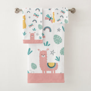 Conjunto De Toalhas Llamas Cats Alapaca Corm Animais Rosa Boho Girly
