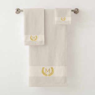 Conjunto De Toalhas Louro Dourado e Monograma em Bege Areia Claro