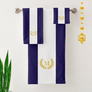 Conjunto De Toalhas Louro Dourado & Monograma em Listras Azuis e Branc