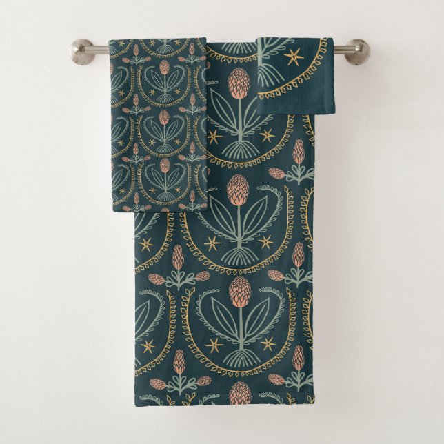 Conjunto De Toalhas Lucile Floral Botânica Azulejo Padrão Verde Escuro (Insitu)