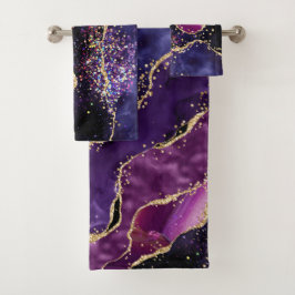 Conjunto De Toalhas Luxe Gemstone Roxo Dourado Brilho Ágata