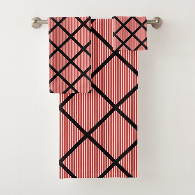 CONJUNTO DE TOALHAS LUXE RED BLACK STRIPE GRID BAK TOWEL SET (Insitu)