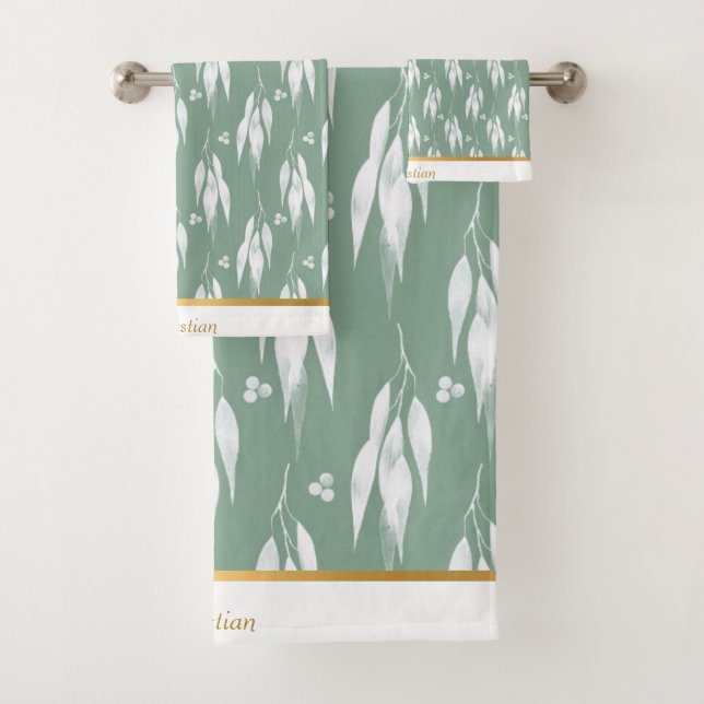 CONJUNTO DE TOALHAS LUXE SAGE GREEN EUCALYPTUS DESIGN TOWEL SET (Insitu)