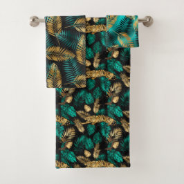 Conjunto De Toalhas Luxo Dourado Azul-esverdeado Tigre & Folhas Tropic