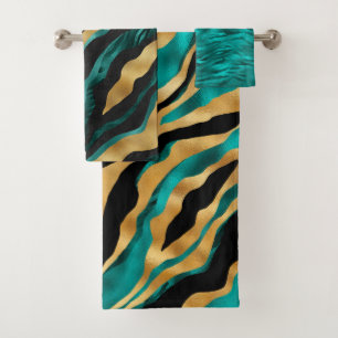 Conjunto De Toalhas Luxo em Ouro com Listras de Tigre em Verde Água