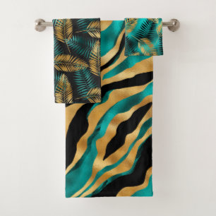 Conjunto De Toalhas Luxo Folhas Tropicais e Listras de Tigre em Dourad