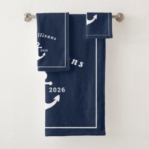 Conjunto De Toalhas Luxo Náutico Azul Marinho Âncora Monograma Persona
