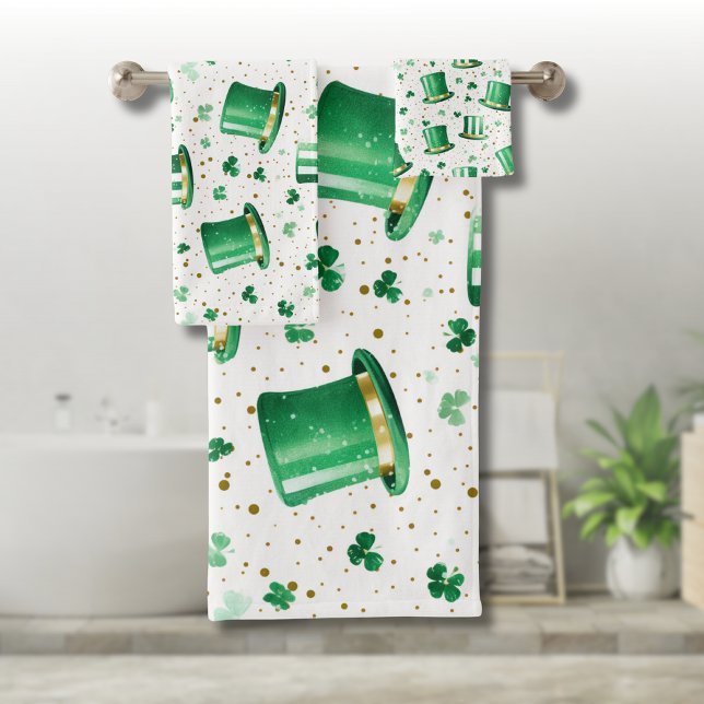 Conjunto De Toalhas Luxo Verde Chapéus de Ouro e Trevos Branco (Criador carregado)