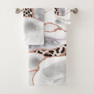 Conjunto De Toalhas Luxo White Rose Gold Ágata Estampa de Leopardo