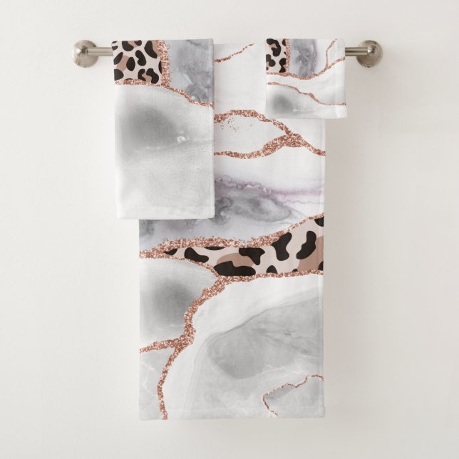 Conjunto De Toalhas Luxo White Rose Gold Ágata Estampa de Leopardo (Insitu)