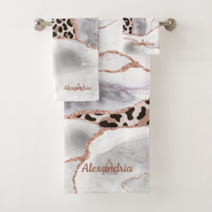 Conjunto De Toalhas Luxo White Rose Gold Ágata Estampa de Leopardo
