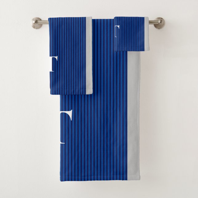 Conjunto De Toalhas Luxuoso Azul Listrado Menino Monogramado  (Insitu)