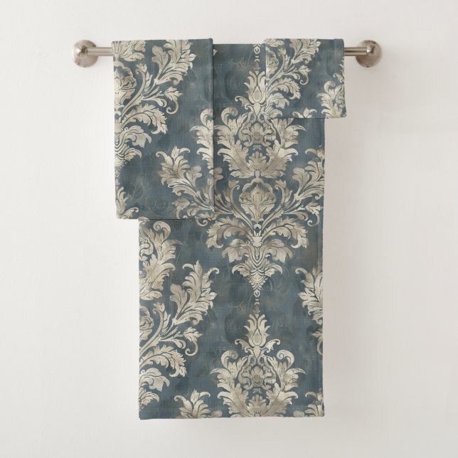 Conjunto De Toalhas Luxurioso Silver Damask em Fundo Azul (Insitu)