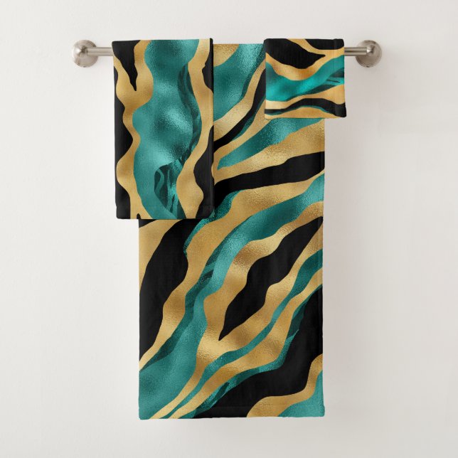 Conjunto De Toalhas Luxury Gold Teal Tiger Stripe Pattern (Insitu)