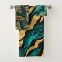 Luxury Gold Teal Tiger Stripe & Tropical Leaves