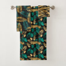 Luxury Gold Teal Tiger & Tropical Leaves