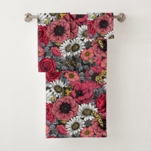 Conjunto De Toalhas Luzes sobre mistura de flores em vermelho e cinza