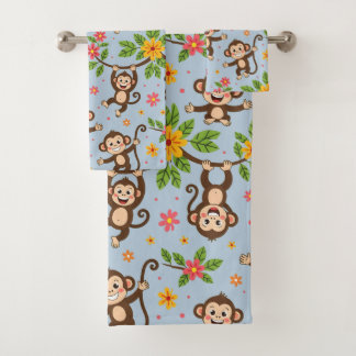 Conjunto De Toalhas Macacos Modernos Felizes Boa Sorte em Azul Claro