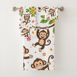 Conjunto De Toalhas Macacos Modernos Felizes com Boa Sorte em Branco