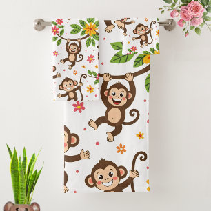 Conjunto De Toalhas Macacos Modernos Felizes com Boa Sorte em Branco