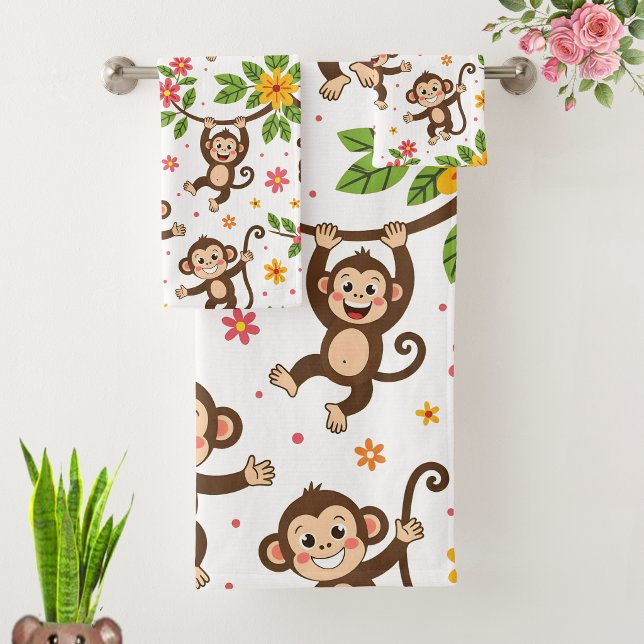 Conjunto De Toalhas Macacos Modernos Felizes com Boa Sorte em Branco (Criador carregado)