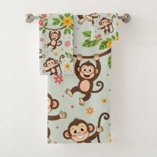 Conjunto De Toalhas Macacos Modernos Felizes com Boa Sorte em Verde Lo