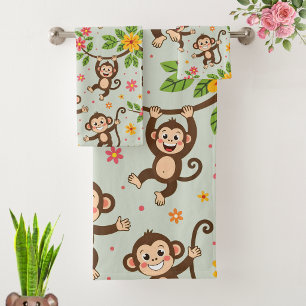 Conjunto De Toalhas Macacos Modernos Felizes com Boa Sorte em Verde Lo