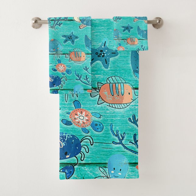 Conjunto De Toalhas Madeira Azul Turquesa Rústica & Amigos Caprichosos (Insitu)