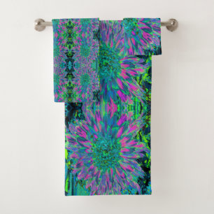 Conjunto De Toalhas Magenta Psicodélica, Aqua e Dália Verde limão