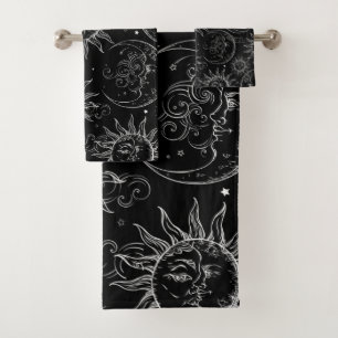 Conjunto De Toalhas Magia Negra Vintage Sol Lua Estrelas Celestiais
