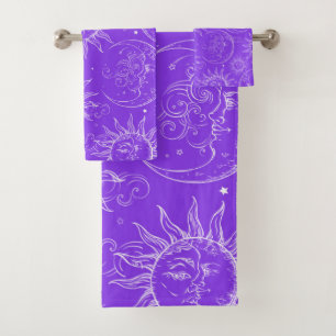 Conjunto De Toalhas Magia Roxa Vintage Celestial Sol Lua Estrelas