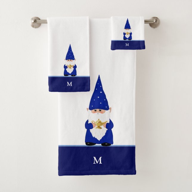 Conjunto De Toalhas Magic Gnomo e Monograma em Azul e Branco (Insitu)