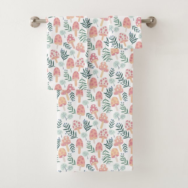Conjunto De Toalhas Mágico Cogumelos Florestais Padrão Rosa Verde (Insitu)