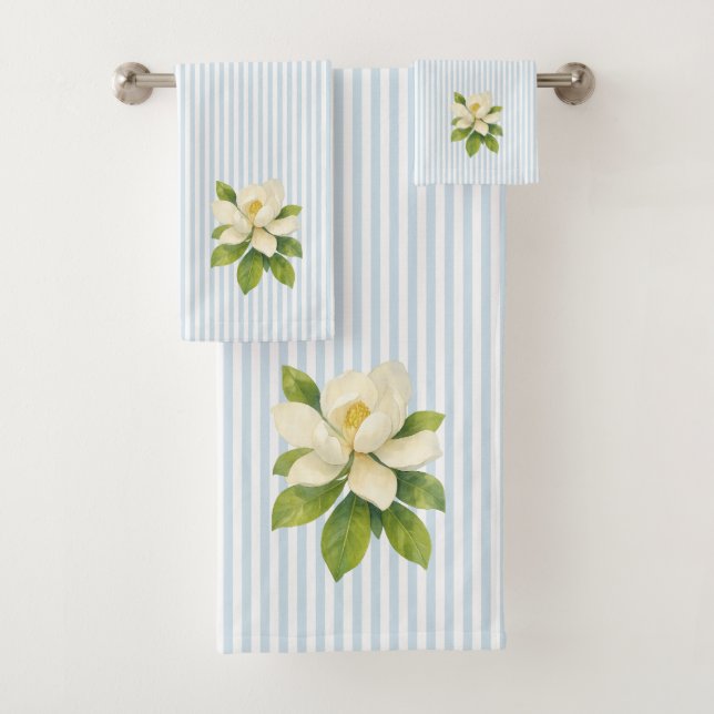 Conjunto De Toalhas Magnolia Flower Painting Blue Stripe (Insitu)
