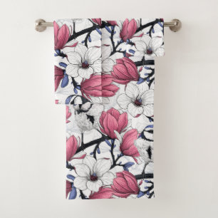 Conjunto De Toalhas Magnólia rosa e pássaros tintos azuis