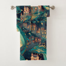 Conjunto De Toalhas Maiestosos Dragões Teais e Aldeia